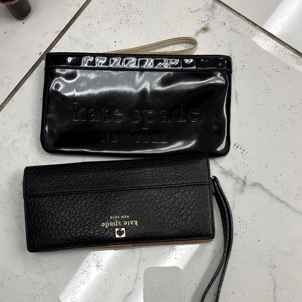 Kate Spade Glossy Black Wristlet and Textured Clutch - two bundle